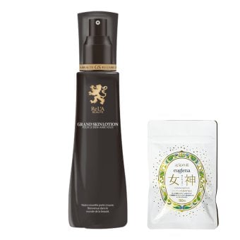 お得セットユーグレナ女神90粒+Re LABEAUTE グランスキン ローション 120ml 化粧水　「不死の花幹細胞発酵液」配合　つややかなハリと透明感あふれる素顔へ