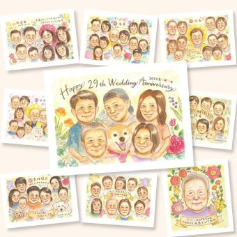 贈り物 似顔絵 結婚記念日 ギフト プレゼント 手描き 名入れ 結婚記念日 お祝い 結婚30周年 結婚10周年 記念日 金婚式 周年記念 大人数 夫婦 お父さん 両親 家族 お母さん 名入れ 修正無料 下書き確認 実績多数 親孝行 似てる サプライズ 感謝 思い出 記念 結婚記念日 古希祝い 闘病中の方への励まし 感激 バレンタインデー イラスト 感謝の品 結婚祝い