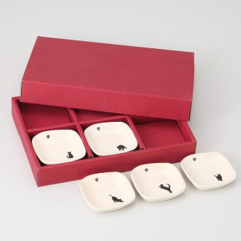 Japan シルエット猫 角小皿 5柄セット 磁器 美濃焼 やきものの里から、暮らしを贈ります。　ギフト 食器 セット テーブルウェア