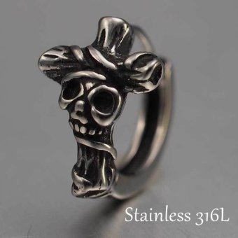 シルバーピアス スカル×クロス フープ（中折れ）ピアス 金属アレルギー対応ステンレス1P 片耳用 片方 シングル 骸骨 ドクロ 髑髏 輪 リング 輪っか 黒 ブラック アラベスク 男性用 アクセサリー かっこいい【全品1個ずつバラ売り】 プレゼント