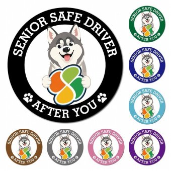 カーサイン 高齢者マーク SENIOR SAFE DRIVER シベリアンハスキー マグネット 強力 直径13cm 肉球 日本製 車 ステッカー