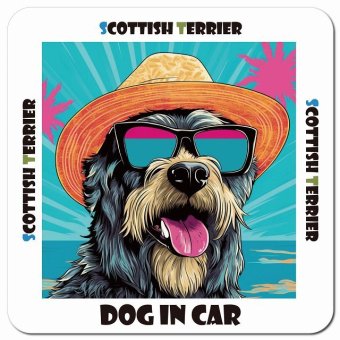 海 麦わら帽子 サングラス 夏 Scottish Terrier スコティッシュテリア カーサイン 車 マグネットステッカー 犬 マグネット 強力 13x13cm 正方形 ドラレコステッカー 安全対策 危険運転 煽り運転 アニマル 動物 屋外 防水 屋内