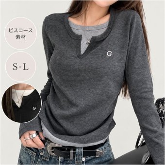 tシャツ レディース 長袖 通販 カットソー 重ね着風トップス レイヤード風ロンT カジュアル きれいめ無地 スリムフィット 通学通勤 あったか防寒 秋冬ファッション シンプルベーシック フェミニン 柔らかストレッチ ウンドネック トップス シンプル
