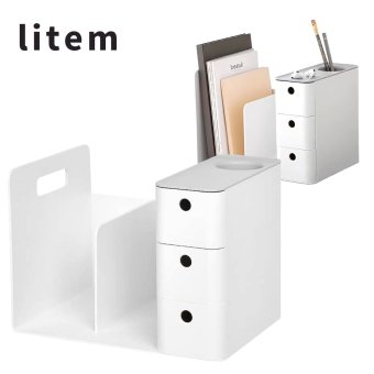 Litem　小物入れ付きブックエンド　3段引き出しとペンホルダー　コンボラック　カラー:クールグレー　#25251　ブックエンド　ブックスタンド　本立て　机上収納　文房具　収納　引き出し付き　ペンホルダー
