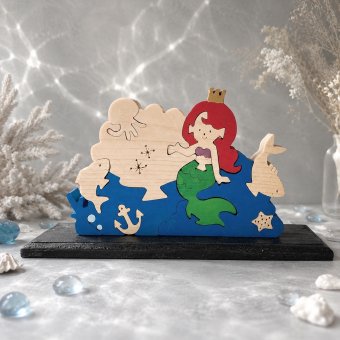 国産ヒノキの童話シリーズ｜人魚姫の木製組み木｜台座付き・アクリル絵の具仕上げ｜木製インテリア・贈り物