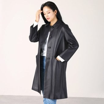 本革 レザーコート レディース ラム革 軽い 秋 ステンカラー ロングコート カジュアル アウター 革コート 女性 大人 上品 ネイビー 7号 9号 11号 13号 レザー コート ステンカラーコート 革 ギフト プレゼント 6F (04000093r)