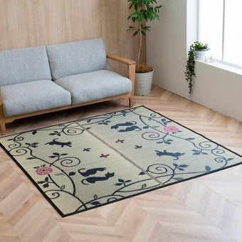 夏ラグ 夏用カーペット い草ラグ ラグ カーペット 3畳 長方形 かわいい 猫 ねこ ネコ 『DXクロネコ』 約176×230cm （裏:不織布）