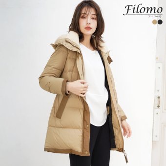 ダウンコート レディース ダウン90% ホワイトグース ブランド Filomo フィローモ ウールムートン エコ フード キャメル ブラック ダウン コート ミドル丈 女性 ギフト プレゼント 6F (08000221r)