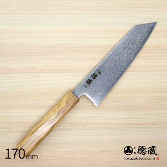 切付三徳ステンレス包丁　170mm SLD ダマスカス オリーブ八角柄 黒染仕上げ 日本製 徳蔵刃物 【TOKUZO KNIVES】 JAPAN Kitchen Knives 包丁 ほうちょう ホウチョウ 切れ味 家庭用 万能 両刃 お手入れ簡単 錆に強い プレゼント ギフト 贈り物 一生モノ INOX・イノックス