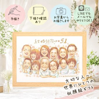 贈り物 結婚記念日 似顔絵 手描き 名入れ プレゼント ギフト 結婚記念日 金婚式 結婚10周年 お祝い 記念日 周年記念 結婚30周年 大人数 お母さん 両親 夫婦 お父さん 家族 下書き確認 名入れ 修正無料 喜ばれる 一生もの 実績多数 サプライズ 思い出 記念 感謝 結婚記念日 傘寿祝い 米寿祝い メモリアル イラスト 古希祝い 百寿祝い オリジナル