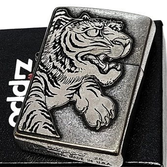 ZIPPO 守護虎 大型メタル貼り タイガー 和柄 クロームイブシバレル 銀 ライター 虎 縁起物 ジッポ アンティーシルバー  日本 おしゃれ 虎彫刻 かっこいい 渋い ギフト メンズ プレゼント