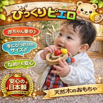 [日本製安心おもちゃ]●びっくりピエロ　日本グッド・トイ受賞おもちゃ赤ちゃん おもちゃ 歯がため はがため 日本製 木のおもちゃ おしゃぶり 出産祝い がらがら ラトル 男の子 女の子 3ヶ月 4ヶ月 5ヶ月 6ヶ月 7ヶ月 8ヶ月 9ヶ月 10ヶ月 1歳 2歳 歯固め 誕生日ギフト オーガニック ベビー ]