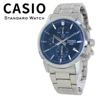 箱なし カシオ 腕時計 メンズ CASIO ブルー シルバー クロノグラフ カレンダー メタル 42mm 海外モデル 逆輸入 仕事 ビジネス カジュアル 誕生日 プレゼント ギフト 成人 卒業 入学