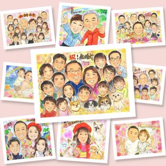 金婚式のプレゼントに、オーダーメイドの似顔絵が喜ばれています。修正無料・下書き確認付き。安心してご注文いただけます。 ギフト 似顔絵 金婚式 プレゼント 贈り物 手描き 名入れ 金婚式 結婚記念日 銀婚式 大人数 夫婦 家族 おばあちゃん 祖母 おじいちゃん 下書き確認 名入れ 修正無料 かわいい そっくり 親孝行 サプライズ 感謝 50周年 長寿 親孝行 結婚記念日 感動 引っ越し 傘寿祝い