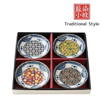 藍染小紋 小皿揃 和食器 小皿セット 取り皿 醤油皿 薬味皿 豆皿 美濃焼 電子レンジ対応 食洗機対応 結婚祝い ギフト〈07583〉 M-mode