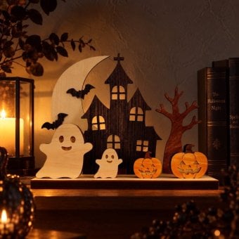 月夜のお化け屋敷　　国産紀州熊野檜・シナ ハロウィン かぼちゃ 飾り 置物 インテリア 木製 ナチュラル 大人 ギフト プレゼント コンパクト 省スペース リビング 玄関 男の子 女の子 可愛い