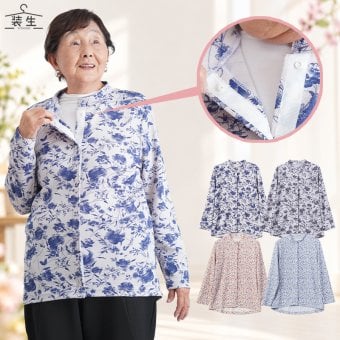 シニアファッション レディース 80代 70代 60代 90代 春夏秋冬 [装生] 日本製 乾燥機対応 ちりめん 花柄 スナップボタン 前開き ブラウス おばあちゃん 服 誕生日 プレゼント 婦人服 女性 ハイミセス ミセス 祖母 お年寄り 老人 高齢者（csf-ft4-yi0122）