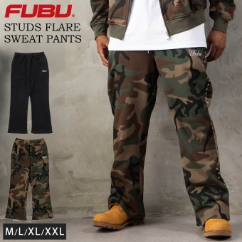 FUBU フブ フレアパンツ メンズ レディース fam-62507 スタッズ フレア スウェットパンツ ブーツカット イージーパンツ 迷彩 カモフラ 刺繍 スケート ストリート ヒップホップ ダンス カジュアル ボトムス M L XL XXL 2026FW Karlas