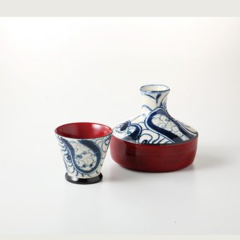 漆陶そう吉　平型酒器セット　渦絞根来（赤） 陶器 美濃焼 やきものの里から、暮らしを贈ります。　ギフト 食器 セット テーブルウェア