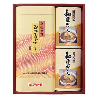夏の贈り物お中元 風雅物語 マルトモ セット内容/かつおだしの素（8g×8袋）×2、直火焼ソフトパック（2.5g×14袋）×1