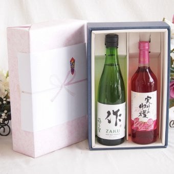 感謝の贈り物ボックス 日本酒作の透明な余韻と、優美なワイン2本セット(シャンモリ 実りの収穫ロゼワイン やや甘口9度(山梨県) 清水清三郎商店 作ザク 穂乃智純米 15度(三重県)) 720ml×1本 750ml×1本