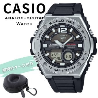 カシオ 腕時計 メンズ ブラック シルバー アナデジ CASIO 海外モデル 10年電池 100m防水 ワールドタイム ストップウォッチ タイマー アラーム スポーツ プレゼント ギフト 収納ケース付き 成人 卒業 入学