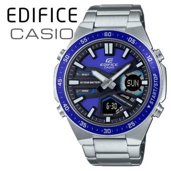 カシオ エディフィス 腕時計 メンズ ブルー シルバー アナデジ CASIO EDIFICE 海外モデル 10年電池 100m防水 ワールドタイム ストップウォッチ タイマー メタル スポーツ プレゼント ギフト 成人 卒業 入学