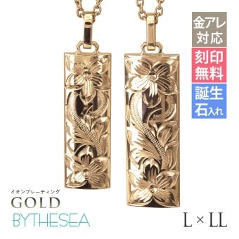 金属アレルギー対応 ペアネックレス ハワイアンジュエリー 刻印無料 誕生石 純チタン ゴールドカラー バレルプレート Lサイズ LLサイズ チェーン付 イオンプレーティング メンズ レディース プレゼント ハロウィン 【品番：CG-TIP412-TIP413-RYP】