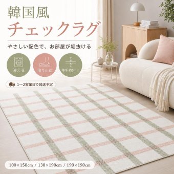 韓国ラグ チェック柄 洗える ラグマット 滑り止め付き 100×150cm 130×190cm 190×190cm 3サイズ 薄手 約5mm マイクロファイバー 韓国インテリア 北欧 おしゃれ かわいい パステル ピンク グリーン ペット オールシーズン