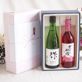 感謝の贈り物ボックス 日本酒作の透明な余韻と、優美なワイン2本セット(シャンモリ 実りの収穫ロゼワイン やや甘口9度(山梨県) 清水清三郎商店 作ザク 穂乃智純米 15度(三重県)) 720ml×1本 750ml×1本