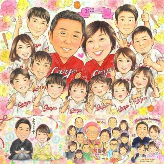 誕生日のお祝いに、プレゼントにぴったりの似顔絵です。 プレゼント 似顔絵 大人数 手描き 贈り物 名入れ ギフト 誕生日 お祝い 記念日 長寿 大人数 世代 ご家族 祖父母 孫 修正無料 下書き確認 名入れ 実績多数 かわいい そっくり 宝物 集合 全員 宝物 大人数 メモリアルギフト バレンタインデー 贈答品 喜寿祝い 感謝 カラフル ブライダルギフト オリジナル 感謝の品 オーダーメイド