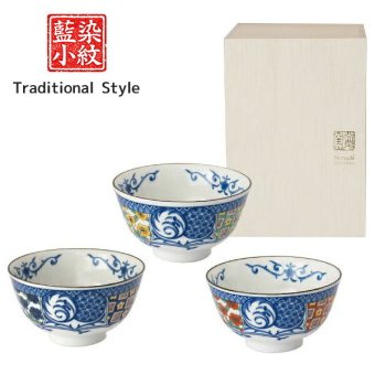 藍染小紋 三ツ組茶碗 茶碗セット 飯碗 ご飯茶碗 和食器 美濃焼 和柄 電子レンジ対応 食洗機対応 結婚祝い 新築祝い ギフト〈07584〉 M-mode