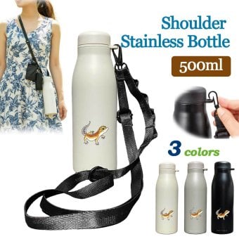 ヒョウモントカゲモドキ ショルダー ステンレスボトル 500ml 保温 保冷 ステンレス 真空 断熱 二重構造 水筒 マイボトル カラビナ ベルト ストラップ オリジナル レオパ レオパードゲッコー トカゲ ヤモリ ペット