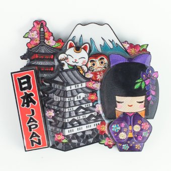 木製フレームマグネット 姫こけし パープル 立体マグネット 3D お土産 日本 土産 souvenir JAPAN Magnets ご当地 外国人 スーベニア ジャパン