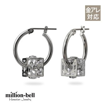 ハワイアンジュエリー ピアス 金属アレルギー対応 純チタンポスト シルバー925 ホヌ キューブ チャーム ウミガメ フープピアス クロッシングピアス 20G(ゲージ) 幅20mm レディース 誕生日 プレゼント ハロウィン 【品番：HE-SP36101】