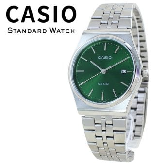 箱なし カシオ 腕時計 メンズ レディース CASIO グリーン 緑 シルバー メタル ステンレス 海外モデル 逆輸入 薄型 5気圧防水 日付 カレンダー シンプル レトロ 仕事 誕生日 父の日 プレゼント ギフト 成人 卒業 入学