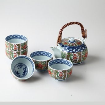 錦間取縁彩花土瓶茶器揃 磁器 有田焼 やきものの里から、暮らしを贈ります。　ギフト 食器 セット テーブルウェア