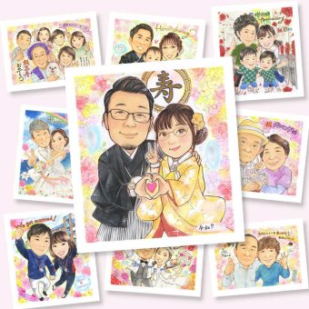 結婚式のプレゼントに、思い出を鮮やかに残す似顔絵。相談しながら作れる、あたたかな似顔絵ギフトです。 似顔絵 ギフト 結婚式 贈り物 プレゼント 名入れ 手描き 結婚式 ブライダル 記念 婚礼 ウェディング 新郎 カップル 新婦 両親 下書き確認 修正無料 名入れ 喜ばれる 宝物 実績多数 サプライズ 一生もの ウェディング 結婚式 思い出 記念日 イラスト カラフル 百寿祝い 卒寿祝い