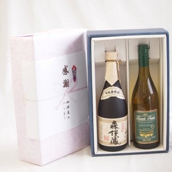 感謝の贈り物ボックス 芋焼酎とワインの格別のマリアージュ2本セット(フエンテ フルータ シャルドネ 白ワイン やや辛口13度(チリ) 本格芋焼酎 森伊蔵 25度(鹿児島県)) 750ml×1本 720ml×1本