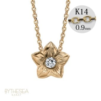 ハワイアンジュエリー ダイヤモンド イエローゴールド ネックレス プルメリア スターフラワー 14K K14 一粒ダイヤモンド 鑑定書付 14k カットあずきチェーン太0.9mm ギフトラッピング可能 彼女 妻 女性 レディース プレゼント ハロウィン 【品番：CG-GP102-CH123】