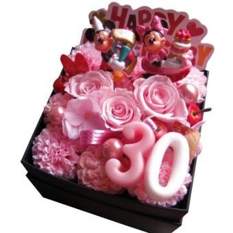 誕生日プレゼント 30歳 お祝い 記念日 30周年 ミッキー ミニー 花束風 ご希望数字入りプレゼント 箱を開けてサプライズ ボックス ピンクバラ プリザーブドフラワー