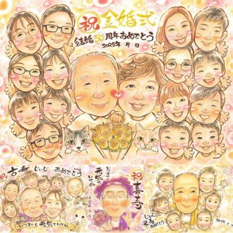 結婚記念日の記念に、心に残るお祝いを、似顔絵で届けます。 プレゼント 金婚式 似顔絵 名入れ 手描き 贈り物 ギフト 結婚記念日 長寿 お祝い 誕生日 大人数 ご夫婦 家族 ご両親 祖父 修正無料 下書き確認 名入れ 宝物 実績多数 そっくり かわいい 長寿 結婚50周年 感謝 一生もの 宝物 闘病中の方への励まし 大量注文 クリスマス カラフル メモリアル イラスト 卒寿祝い 快気祝い