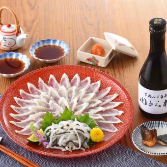 下関 関とら本店 天然ふく刺身 日本酒 焼きヒレ セット ポン酢 薬味付き ふぐ刺し 刺し身 ふぐ 天然 マフグ トラフグ 吟醸酒
