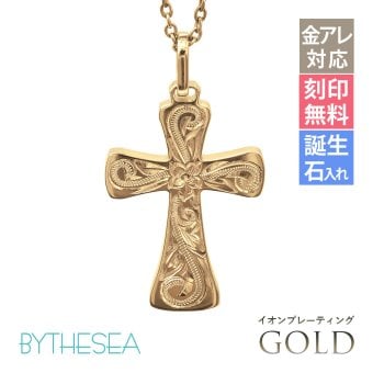 金属アレルギー対応 ネックレス ハワイアンジュエリー 純チタン ゴールドカラー ネックレス 刻印無料 誕生石 クロス ネックレス チェーン 長さ選べる イオンプレーティング メンズ レディース プレゼント ハロウィン 【品番：CG-TIP405-Y】