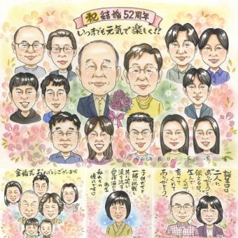 結婚記念日のプレゼントに、名前、日付、メッセージも記載可能。 結婚記念日 ギフト 似顔絵 手描き プレゼント 名入れ 贈り物 結婚記念日 結婚10周年 金婚式 結婚30周年 記念 周年記念 お祝い 大人数 家族 ご両親 夫婦 修正無料 下書き確認 名入れ 実績多数 喜ばれる 似てる サプライズ 宝物 記念日 結婚記念日 一生もの 感謝 バレンタインデー 色紙 お祝いの品 イラスト キレイ 還暦祝い