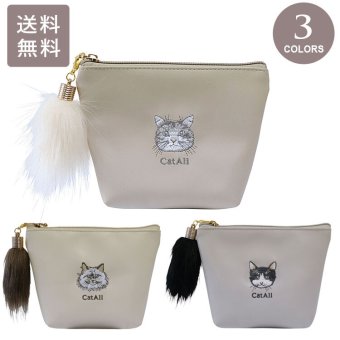  CatAll フェイス刺繍ポーチ ネコ 猫 刺繍 定形外 送料無料 コンパクト ポーチ 化粧ポーチ コスメポーチ 小物入れ