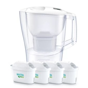 ブリタ ポット型 浄水器 アルーナ 容量2.4L カートリッジ4個付き ろ過水容量1.25L  液晶メモ (交換目安:1日5.3L で4週間 ) 型番:KBALCW4M  サイズ(mm) : 奥行100 横幅249 高さ260mm 実用的
