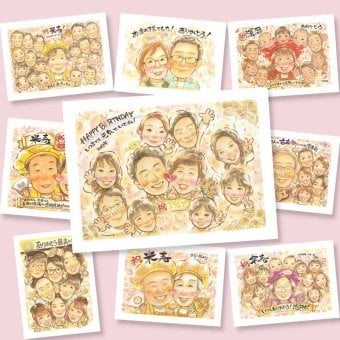 金婚式のギフトに、似顔絵と笑顔をお届けします。ラッピング対応で、贈り物として渡しやすい似顔絵です。 贈り物 金婚式 似顔絵 ギフト プレゼント 名入れ 手描き 金婚式 結婚記念日 銀婚式 大人数 おばあちゃん おじいちゃん 家族 夫婦 祖母 名入れ 下書き確認 修正無料 似てる 一生もの 宝物 サプライズ 50周年 感謝 親孝行 長寿 結婚記念日 闘病中の方への励まし 還暦祝い 百寿祝い