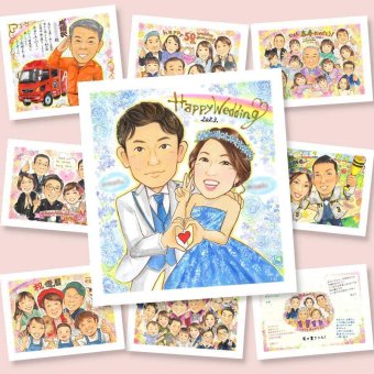 結婚式の記念に、写真とは違う、ぬくもりのある記念品です。ラッピング対応で、贈り物として渡しやすい似顔絵です。 プレゼント 似顔絵 結婚祝い 贈り物 ギフト 名入れ 手描き 結婚式 記念 ブライダル 婚礼 ウェディング カップル 新婦 両親 新郎 名入れ 下書き確認 修正無料 かわいい 喜ばれる そっくり 親孝行 結婚式 一生もの 思い出 ウェディング 白寿祝い 記念日 傘寿祝い オリジナル