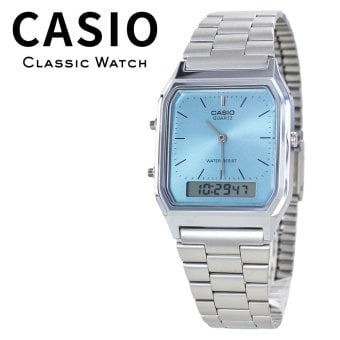 箱なし カシオ 腕時計 メンズ レディース CASIO アイスブルー 水色 シルバー アナデジ メタル 海外モデル 逆輸入 スクエア レトロ デュアルタイム ストップウォッチ アラーム 誕生日 プレゼント ギフト 成人 卒業 入学